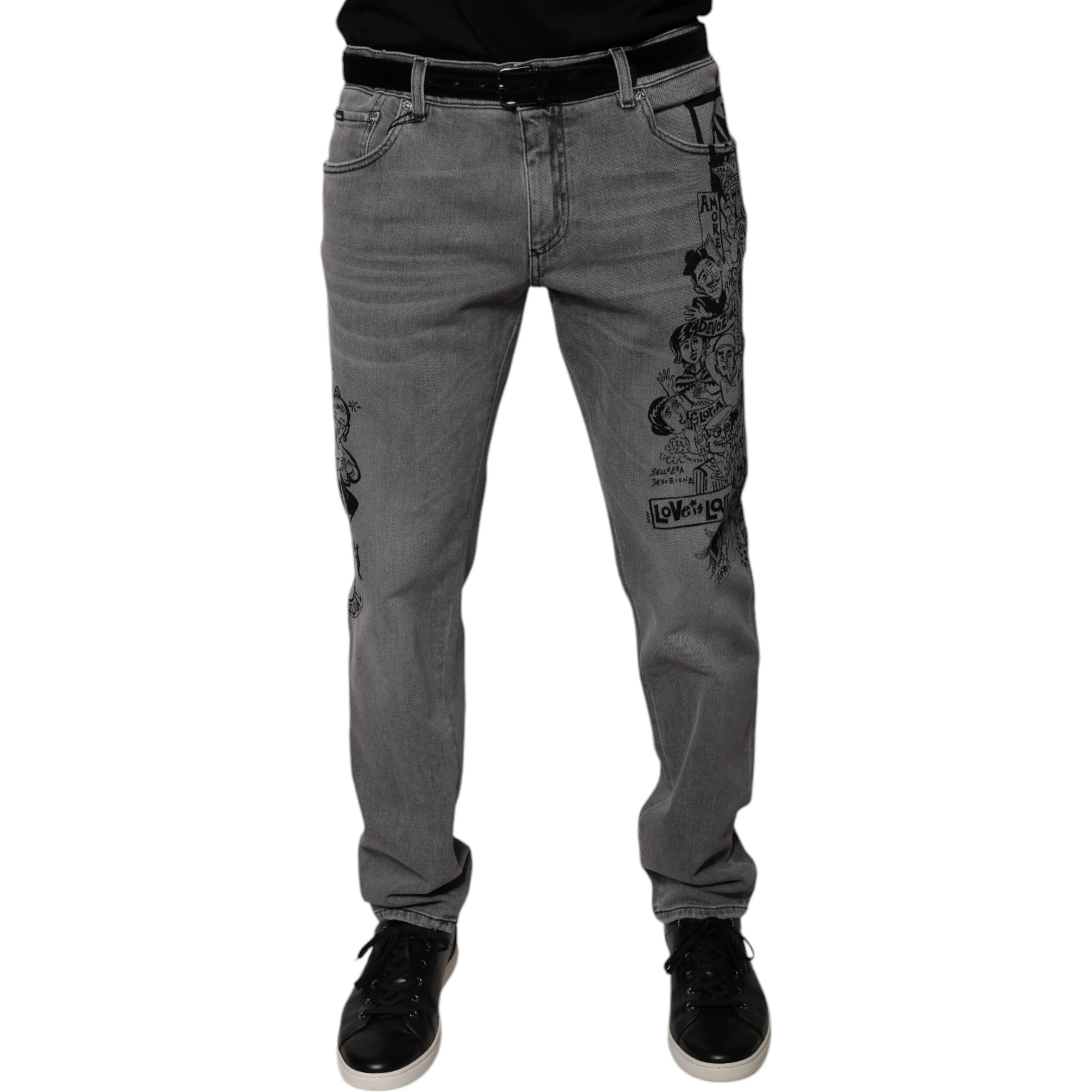 Gray Graphic Print Cotton Skinny Denim Jeans