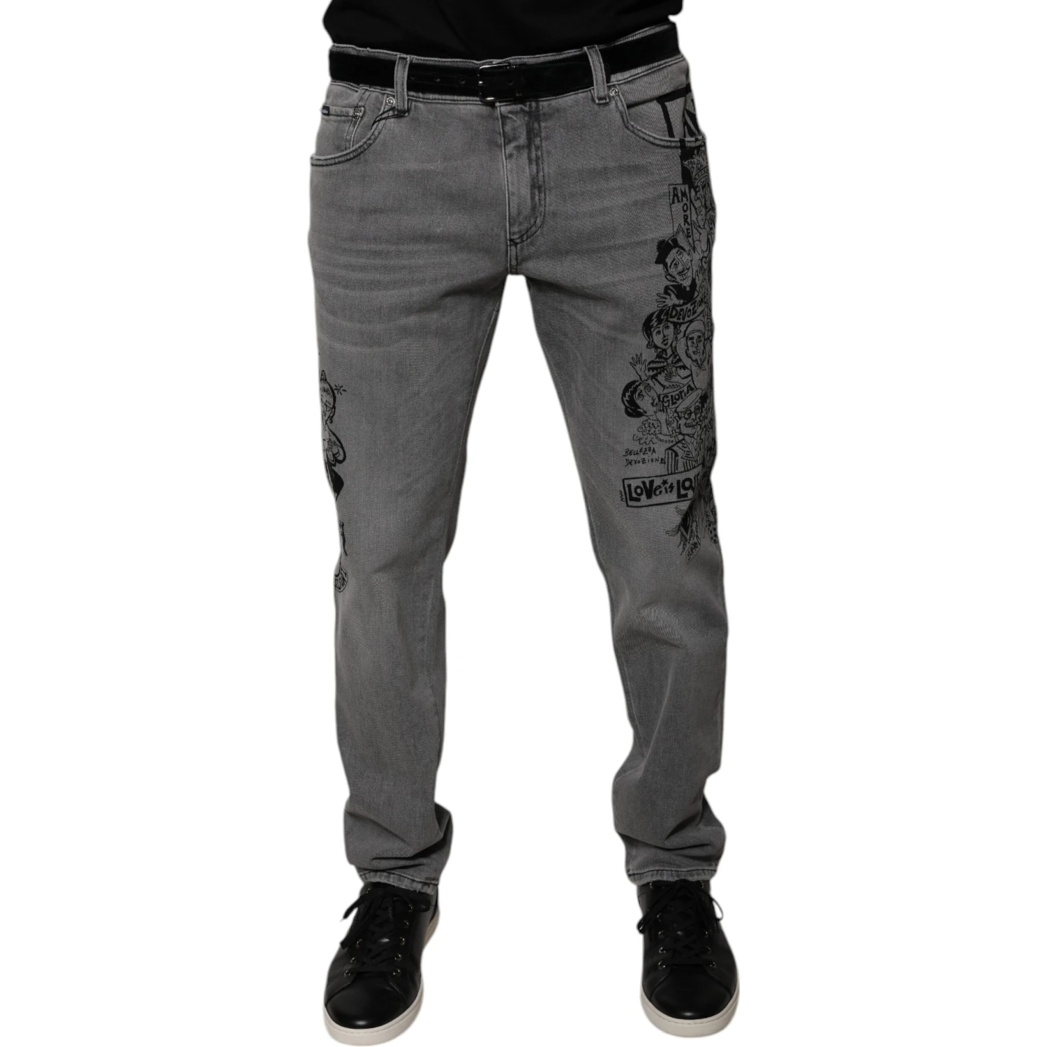 Gray Graphic Print Cotton Skinny Denim Jeans