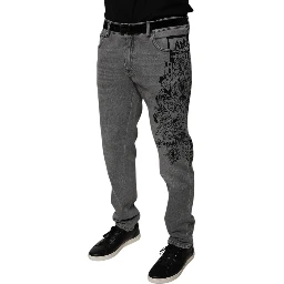 Gray Graphic Print Cotton Skinny Denim Jeans