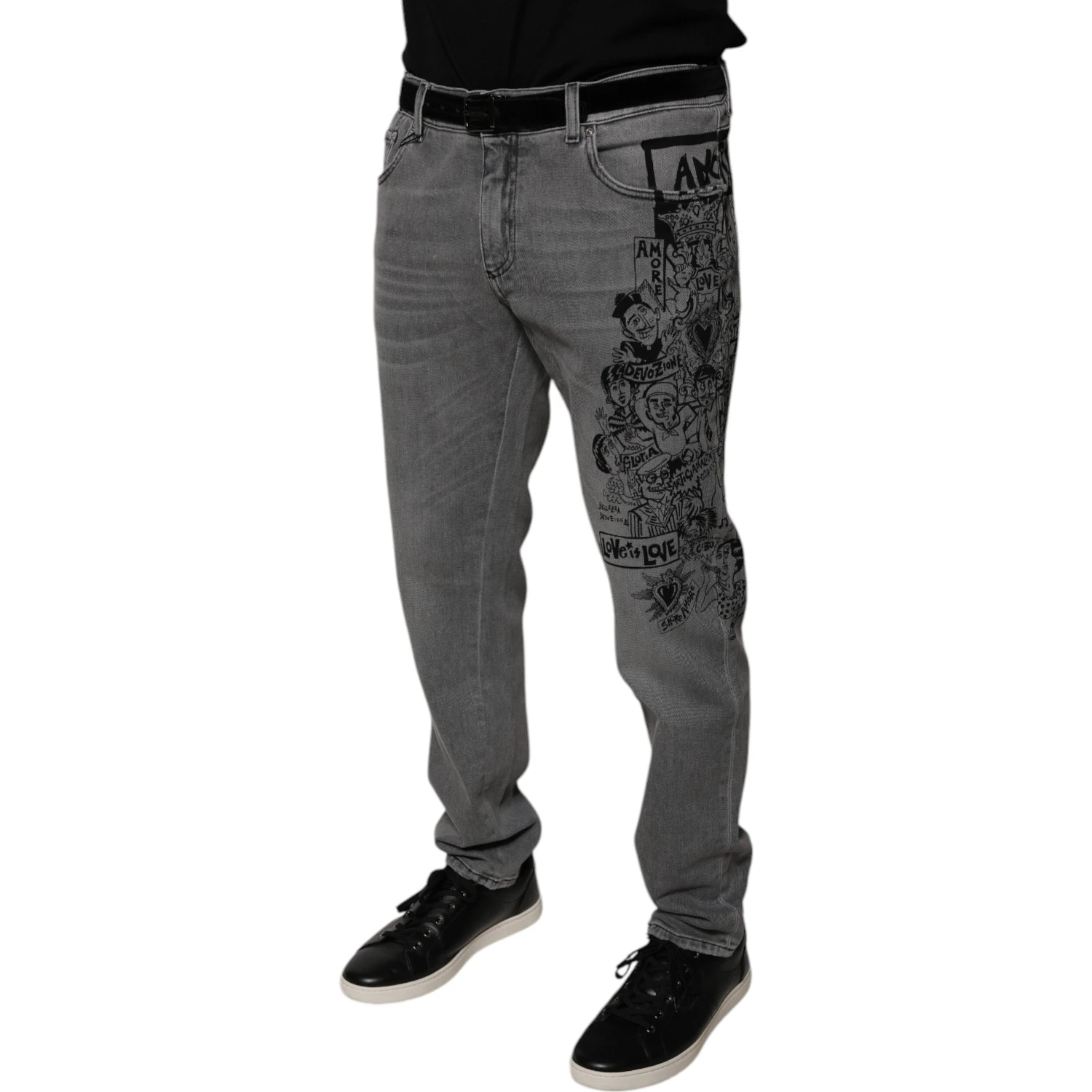 Gray Graphic Print Cotton Skinny Denim Jeans
