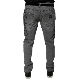 Gray Graphic Print Cotton Skinny Denim Jeans