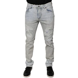 Light Blue Cotton Blend Tattered Skinny Denim Jeans
