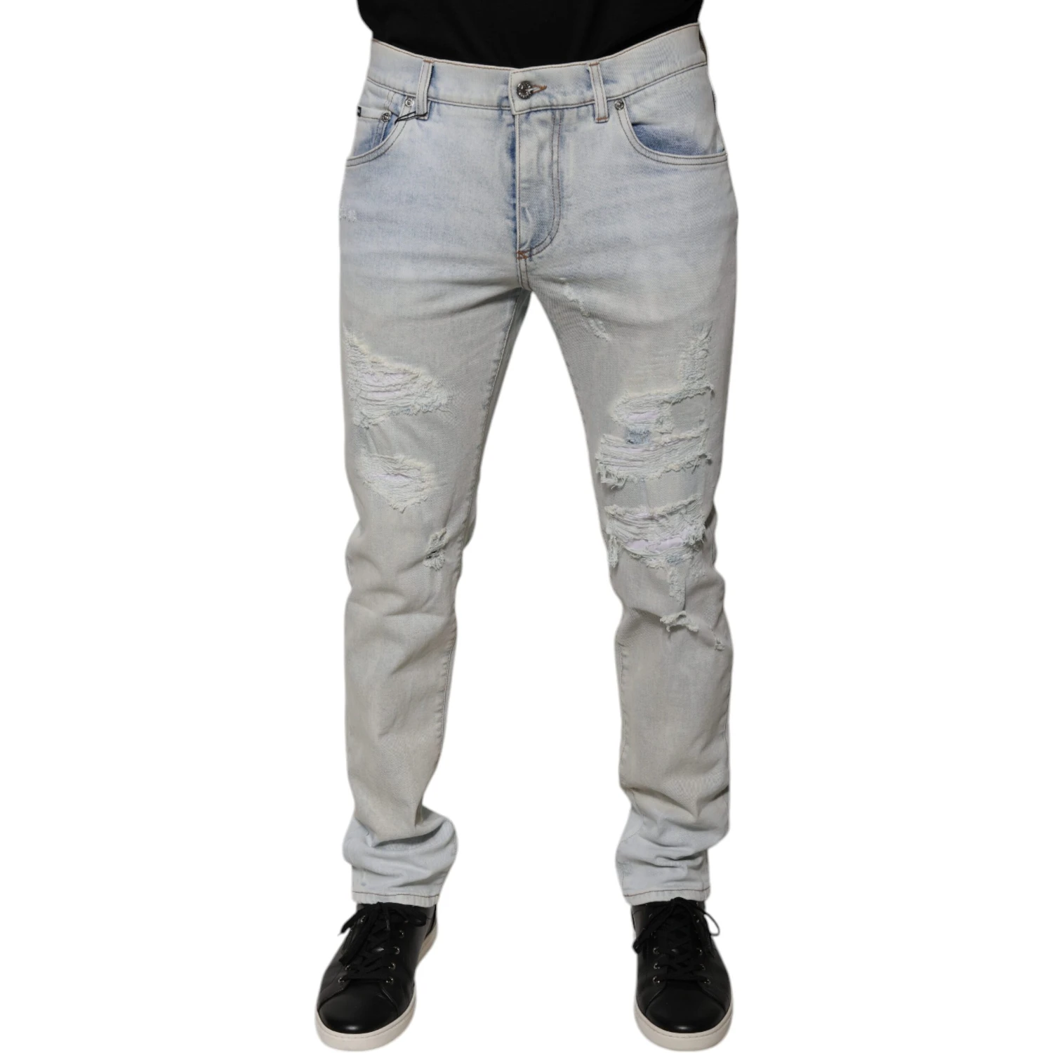 Light Blue Cotton Blend Tattered Skinny Denim Jeans