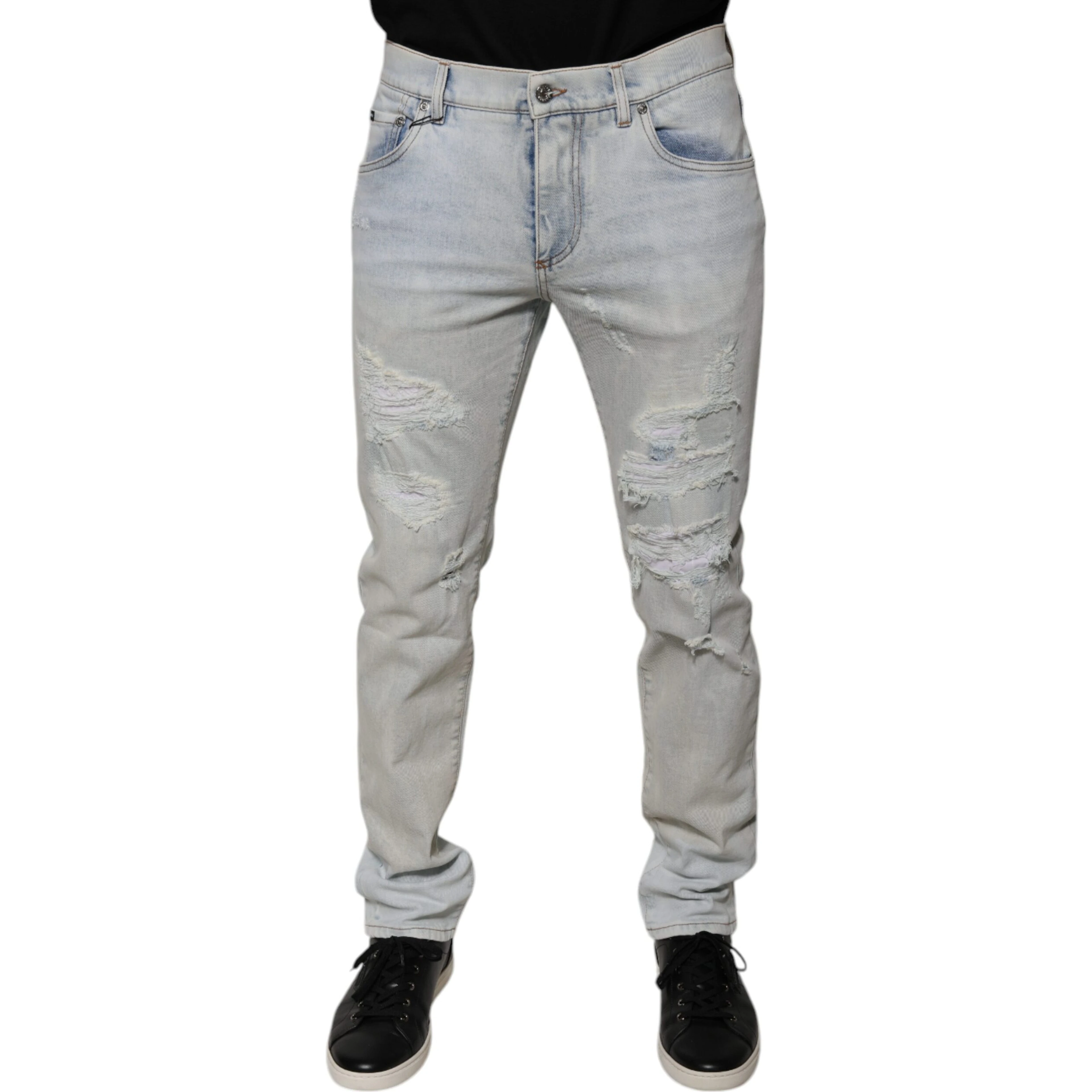 Light Blue Cotton Blend Tattered Skinny Denim Jeans