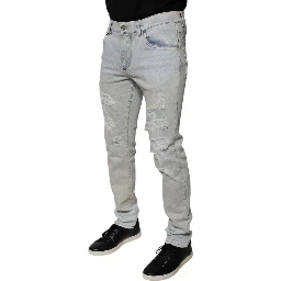 Light Blue Cotton Blend Tattered Skinny Denim Jeans