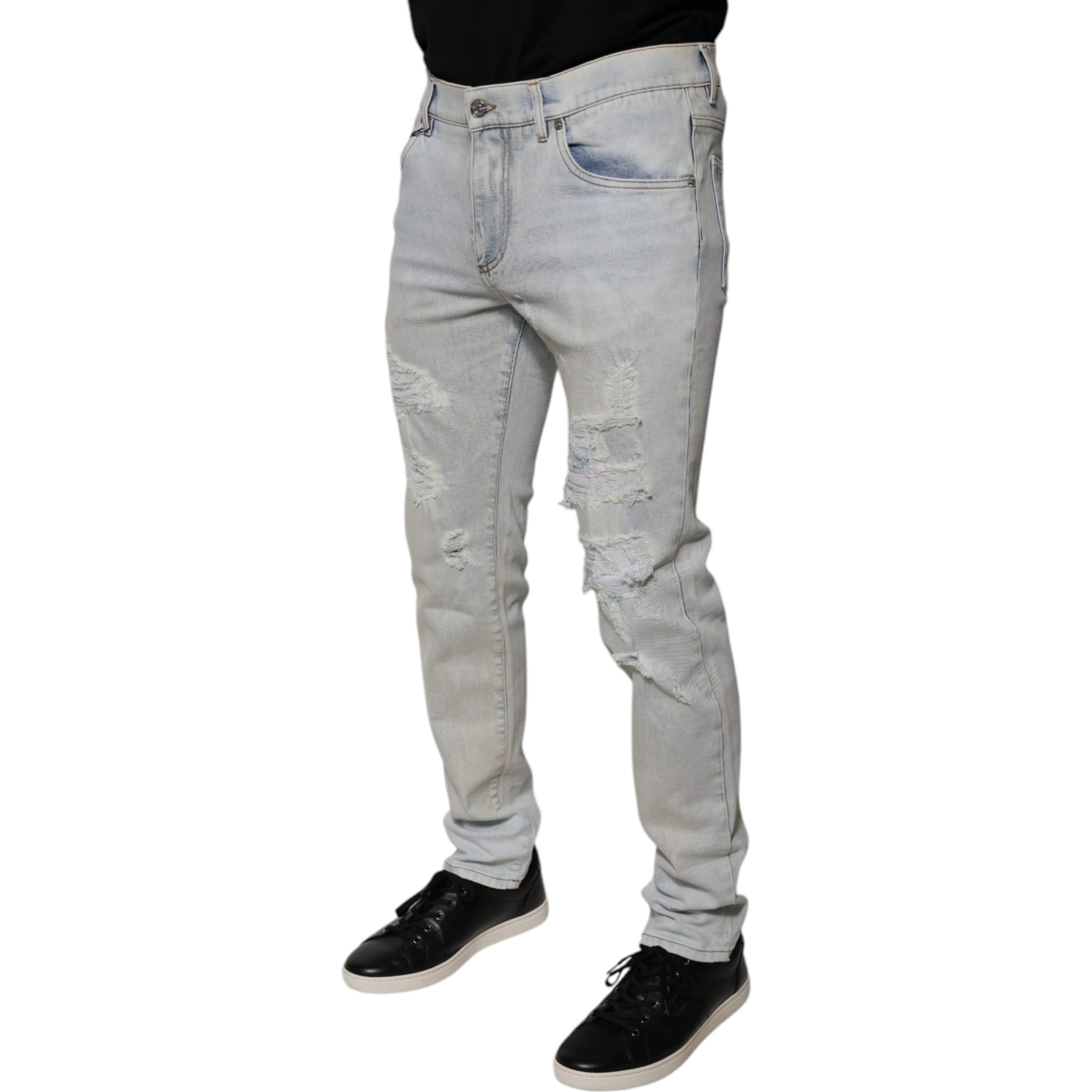 Light Blue Cotton Blend Tattered Skinny Denim Jeans