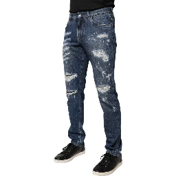 Blue Cotton Tattered Skinny Denim Jeans