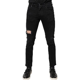 Black Cotton Tattered Skinny Denim Logo Jeans