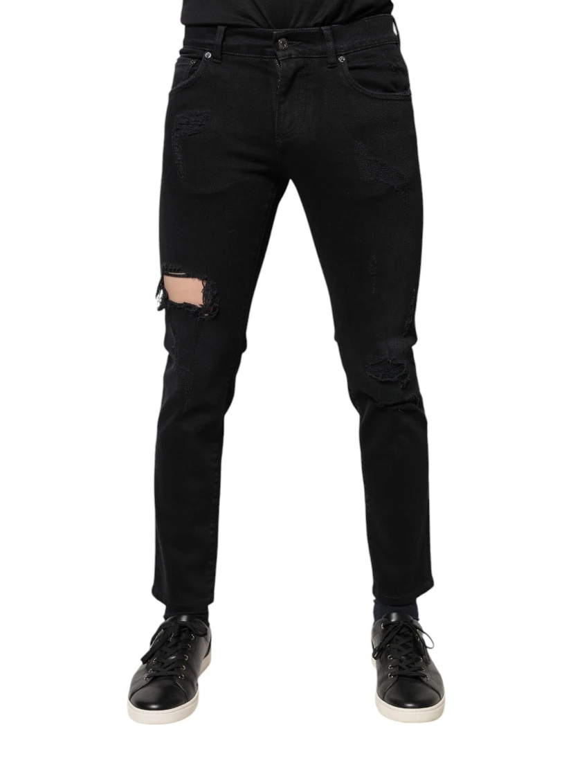 Black Cotton Tattered Skinny Denim Logo Jeans
