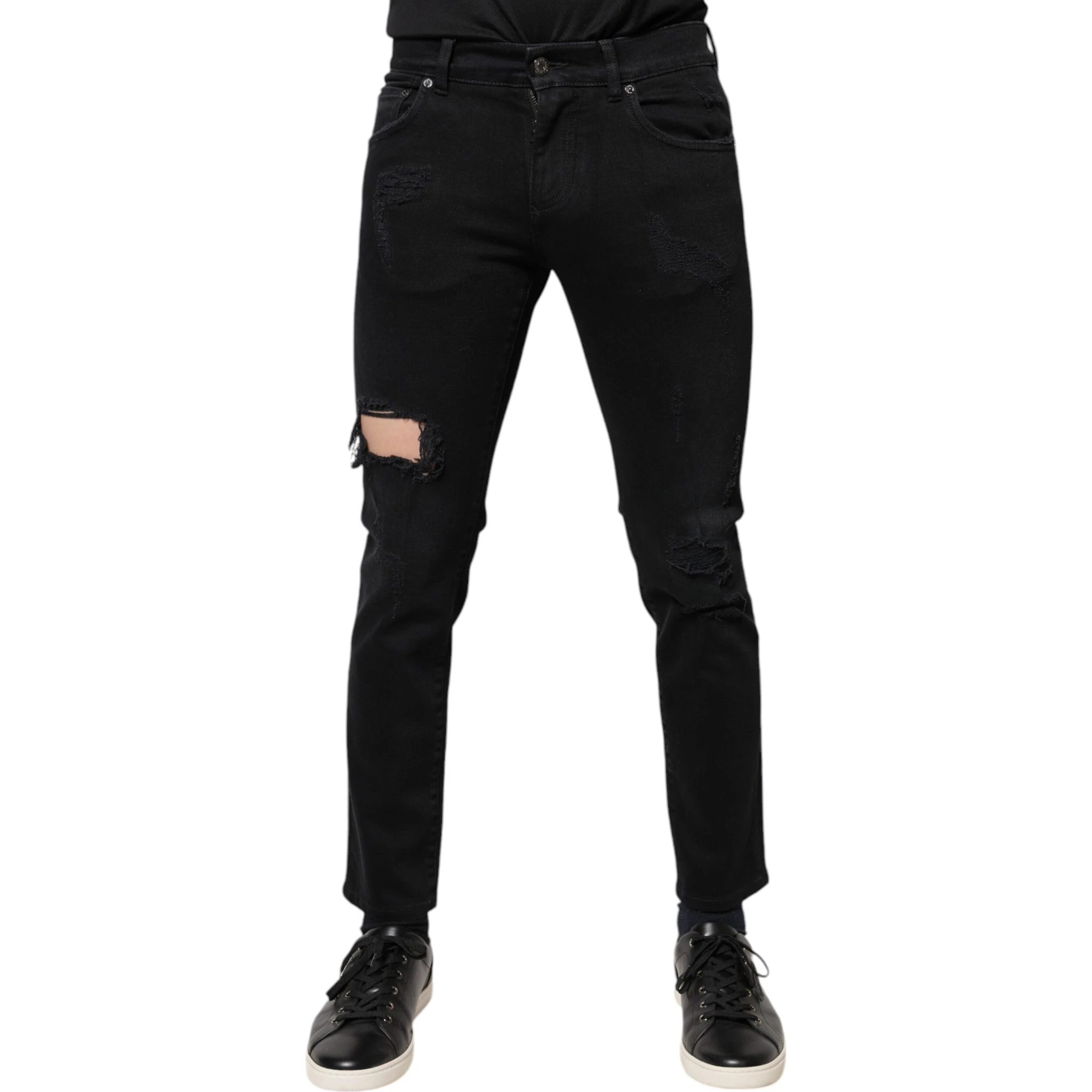 Black Cotton Tattered Skinny Denim Logo Jeans