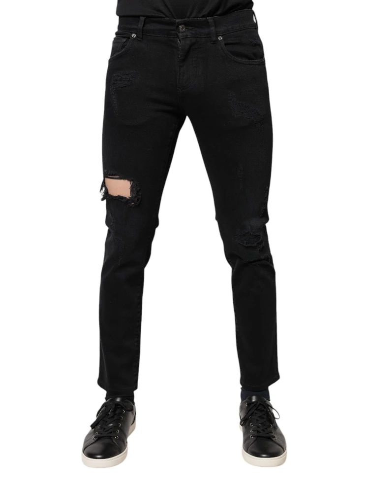 Black Cotton Tattered Skinny Denim Logo Jeans alternative