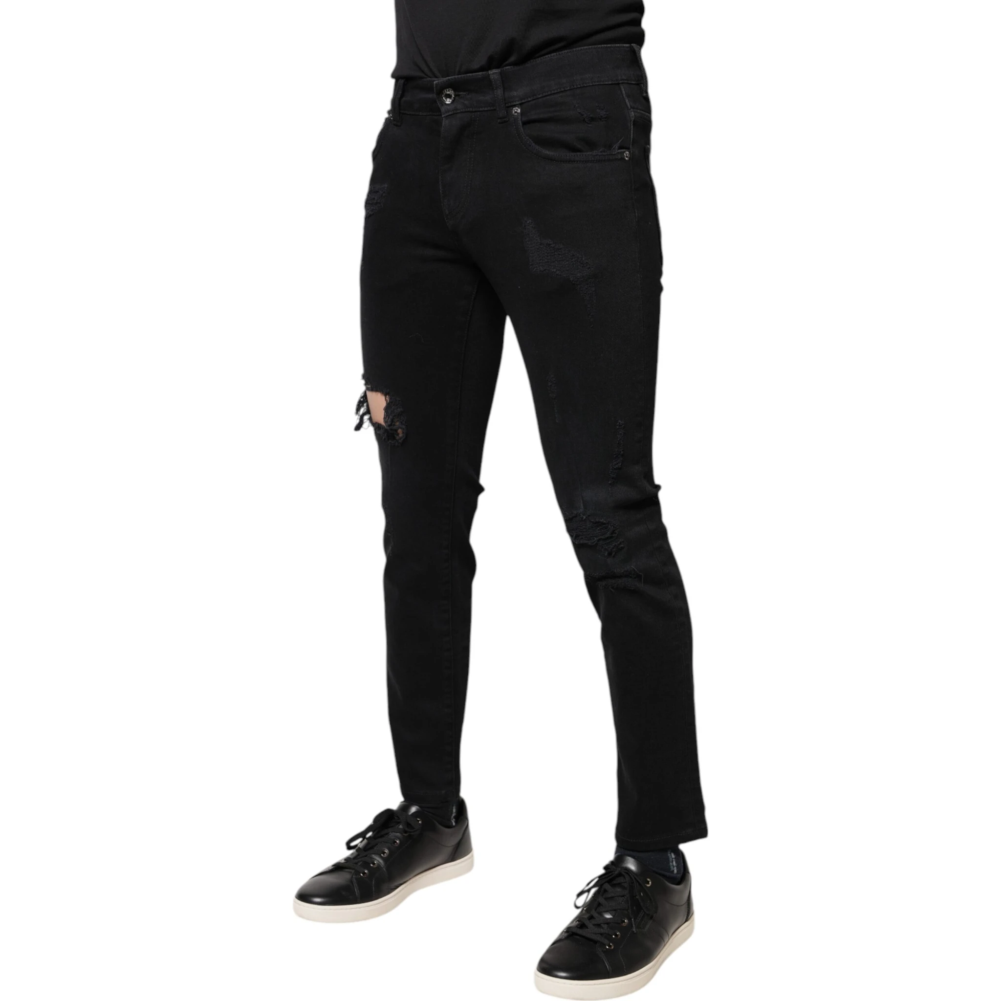 Black Cotton Tattered Skinny Denim Logo Jeans