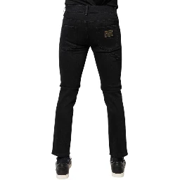 Black Cotton Tattered Skinny Denim Logo Jeans