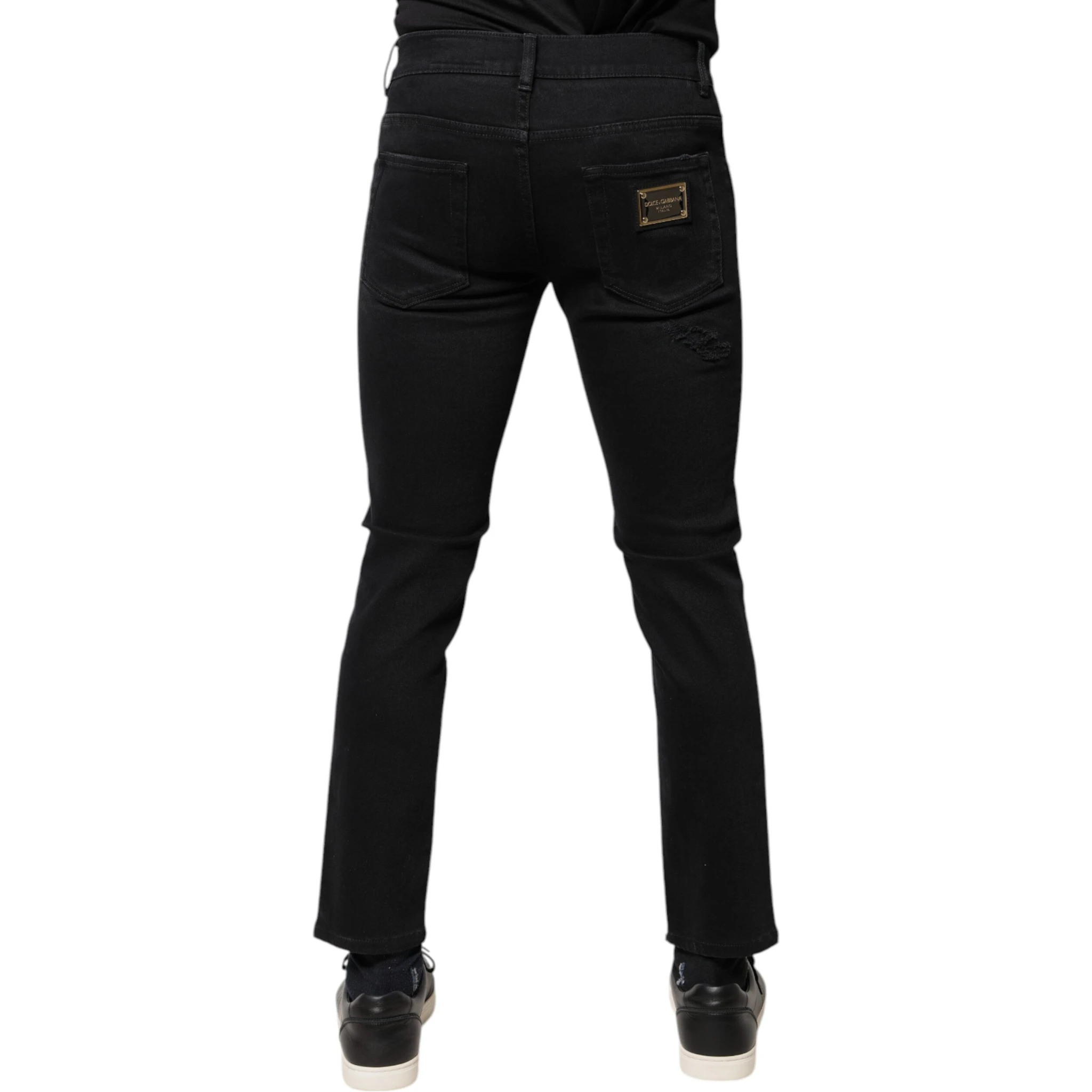 Black Cotton Tattered Skinny Denim Logo Jeans