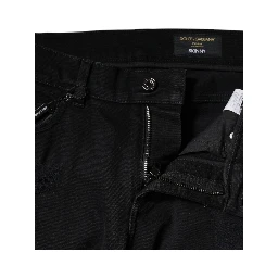 Black Cotton Tattered Skinny Denim Logo Jeans