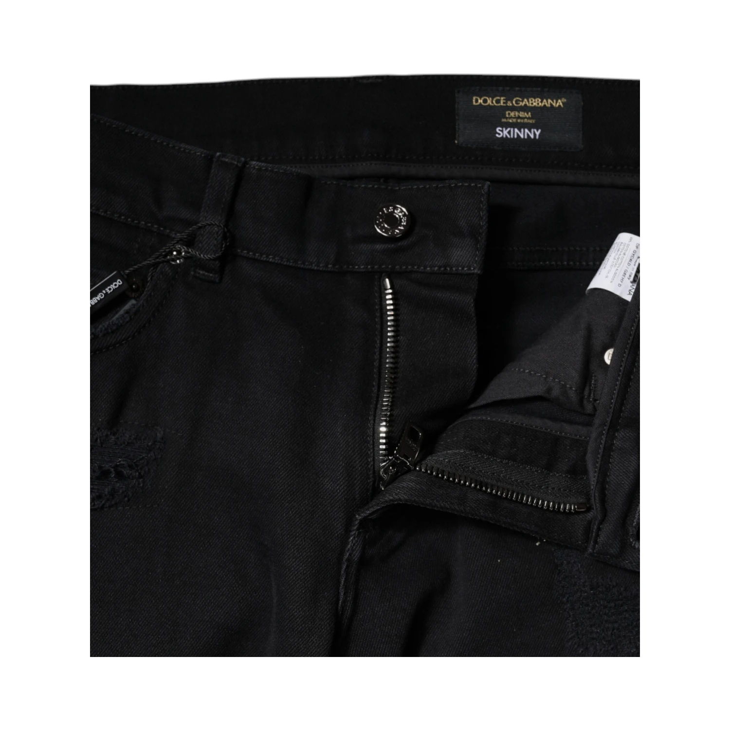 Black Cotton Tattered Skinny Denim Logo Jeans