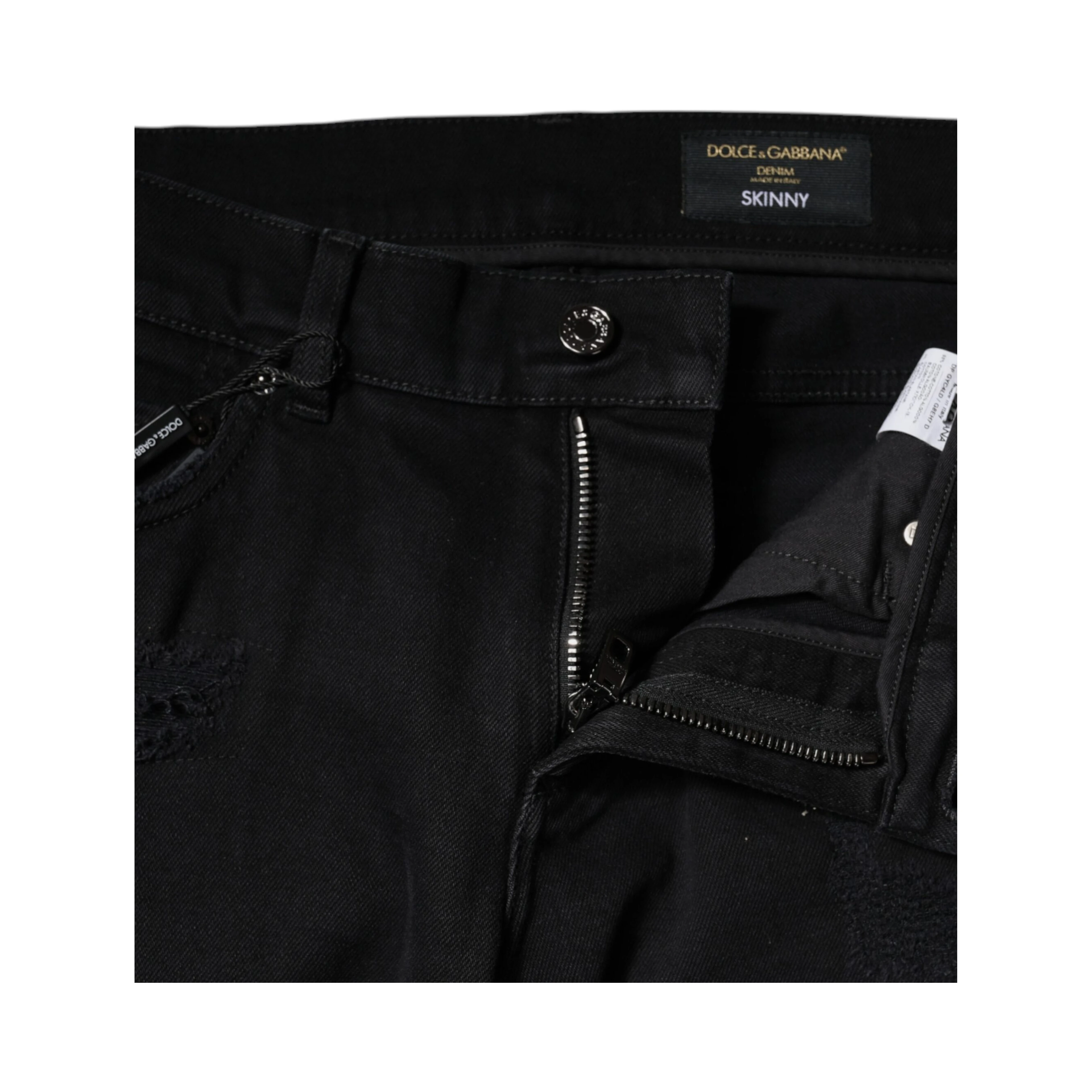 Black Cotton Tattered Skinny Denim Logo Jeans