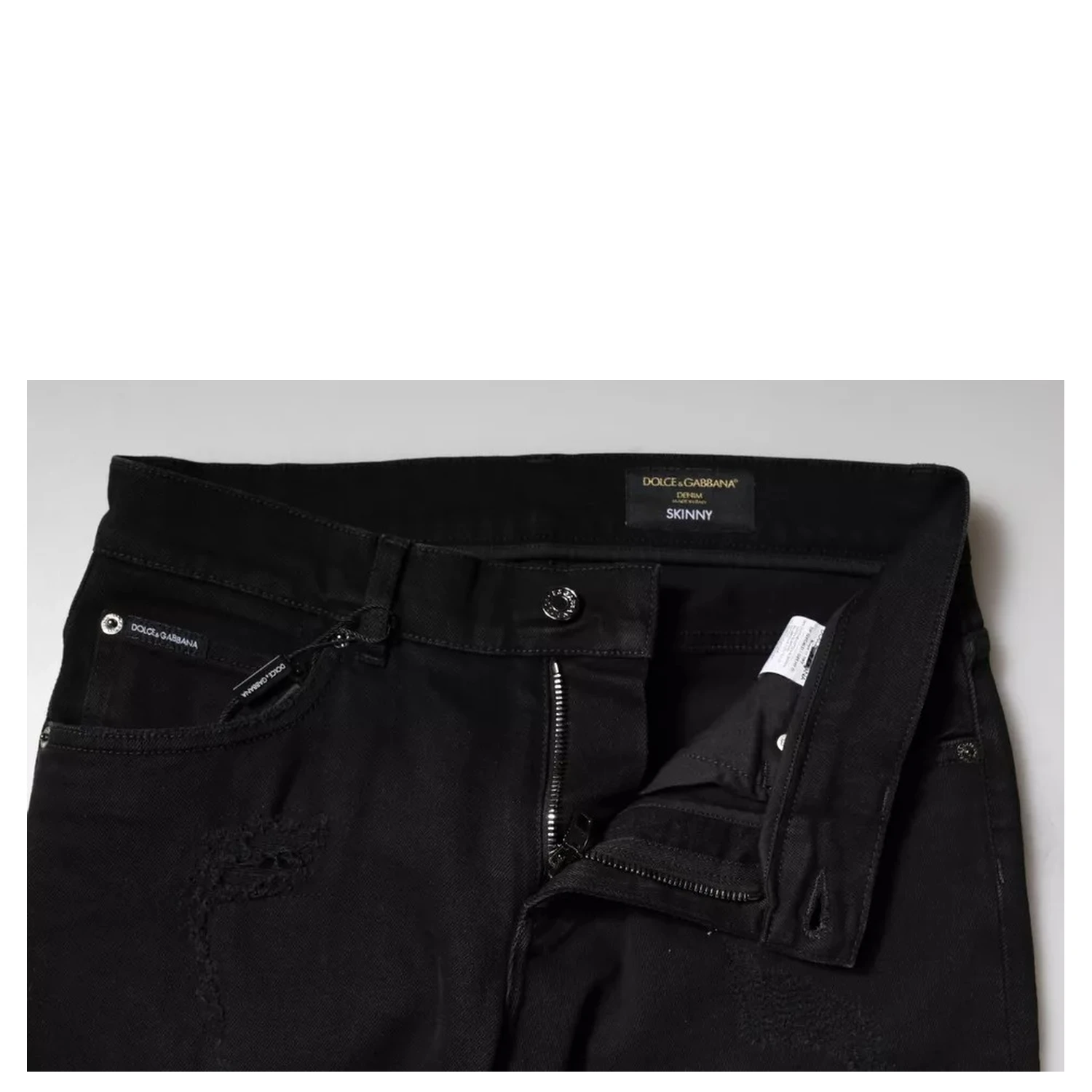 Black Cotton Tattered Skinny Denim Logo Jeans