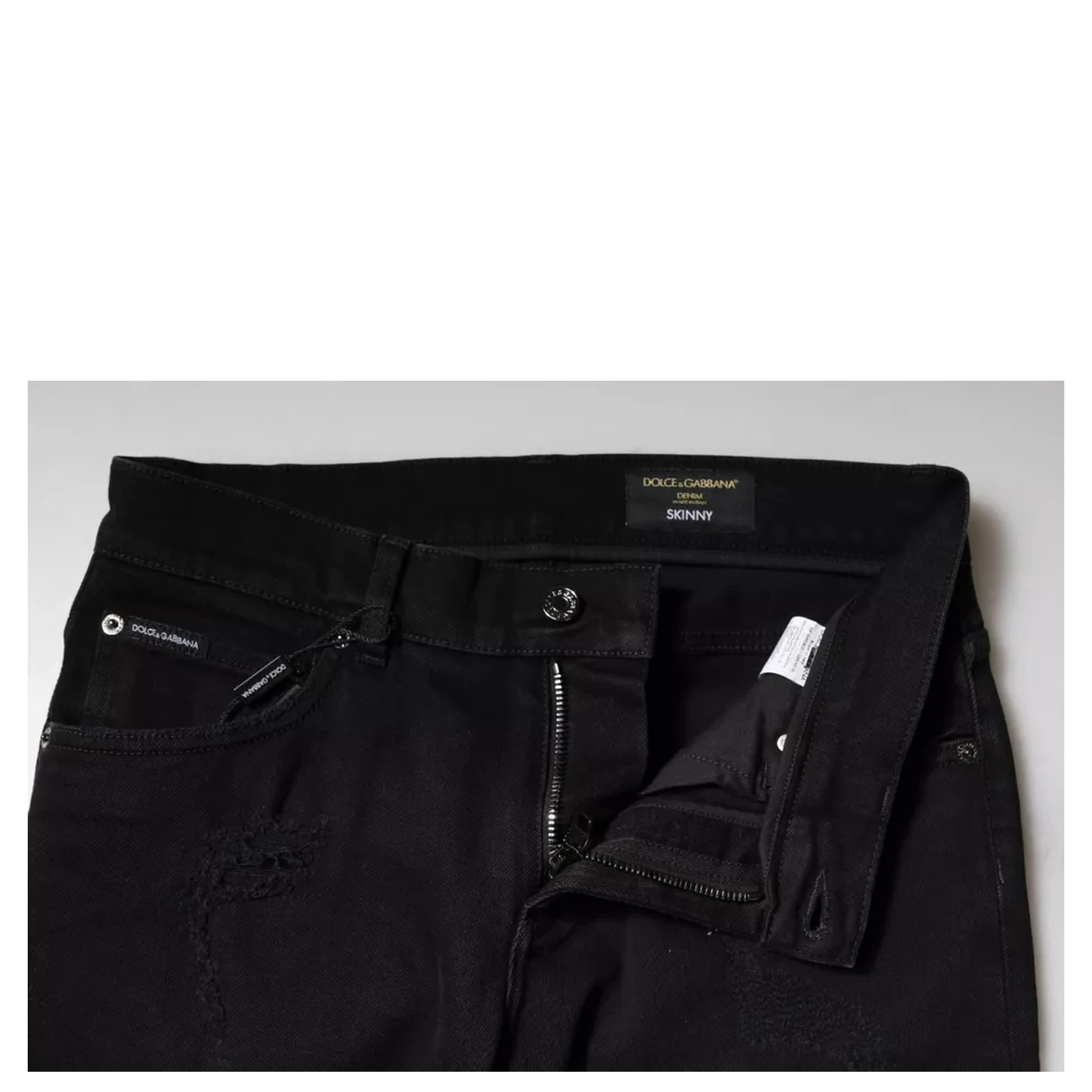 Black Cotton Tattered Skinny Denim Logo Jeans