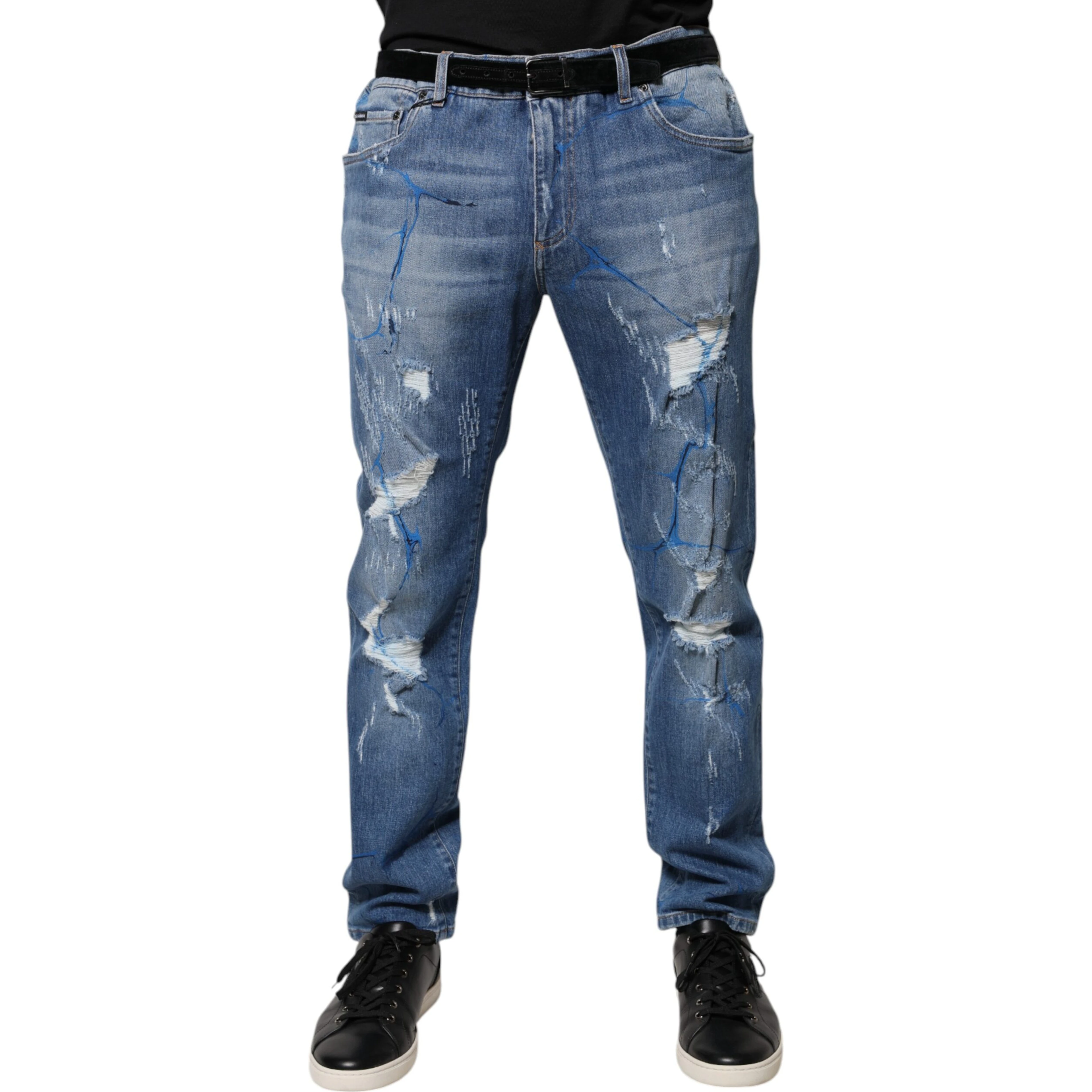 Blue Cotton Stretch Tattered Skinny Denim Jeans