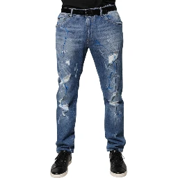 Blue Cotton Stretch Tattered Skinny Denim Jeans