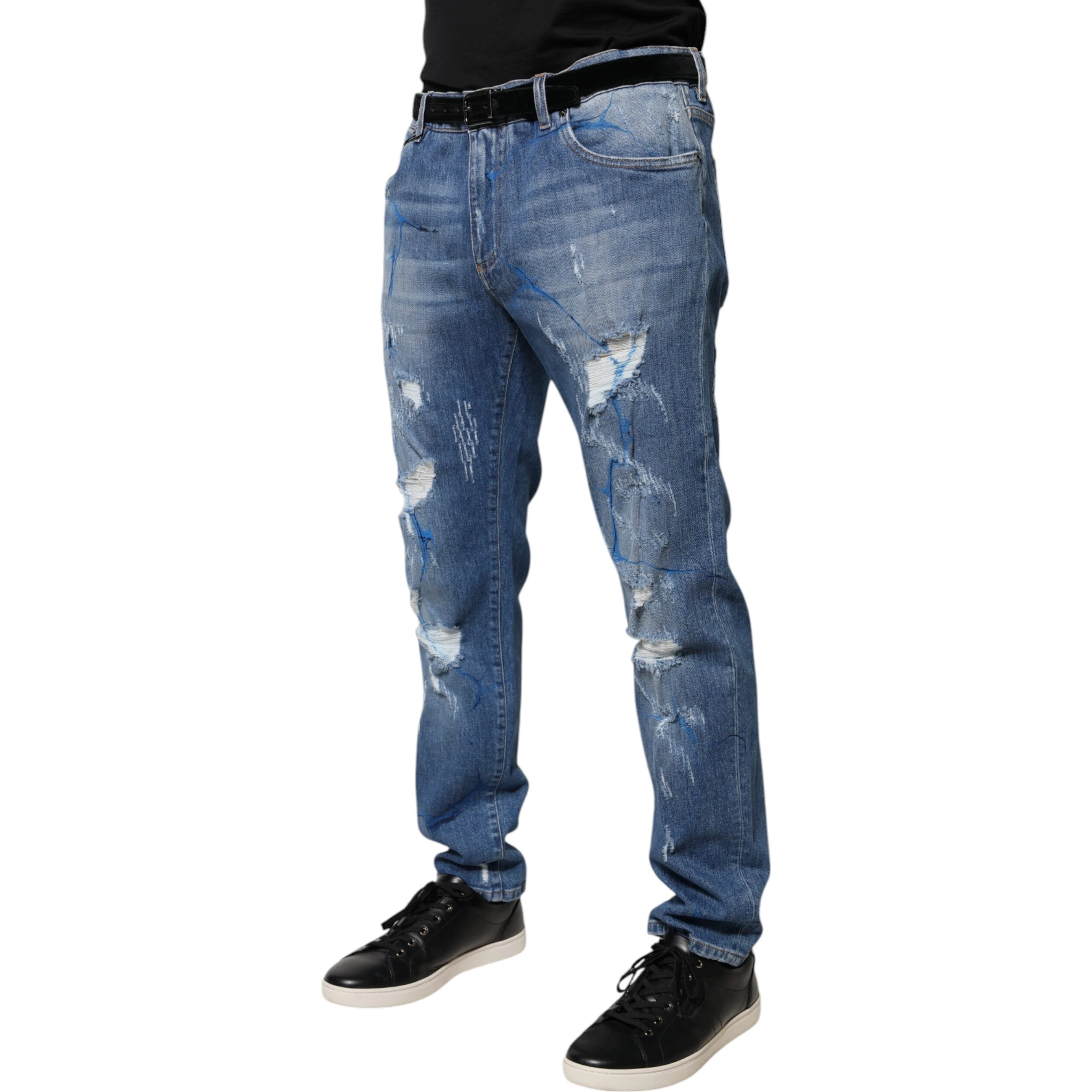 Blue Cotton Stretch Tattered Skinny Denim Jeans