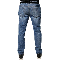 Blue Cotton Stretch Tattered Skinny Denim Jeans