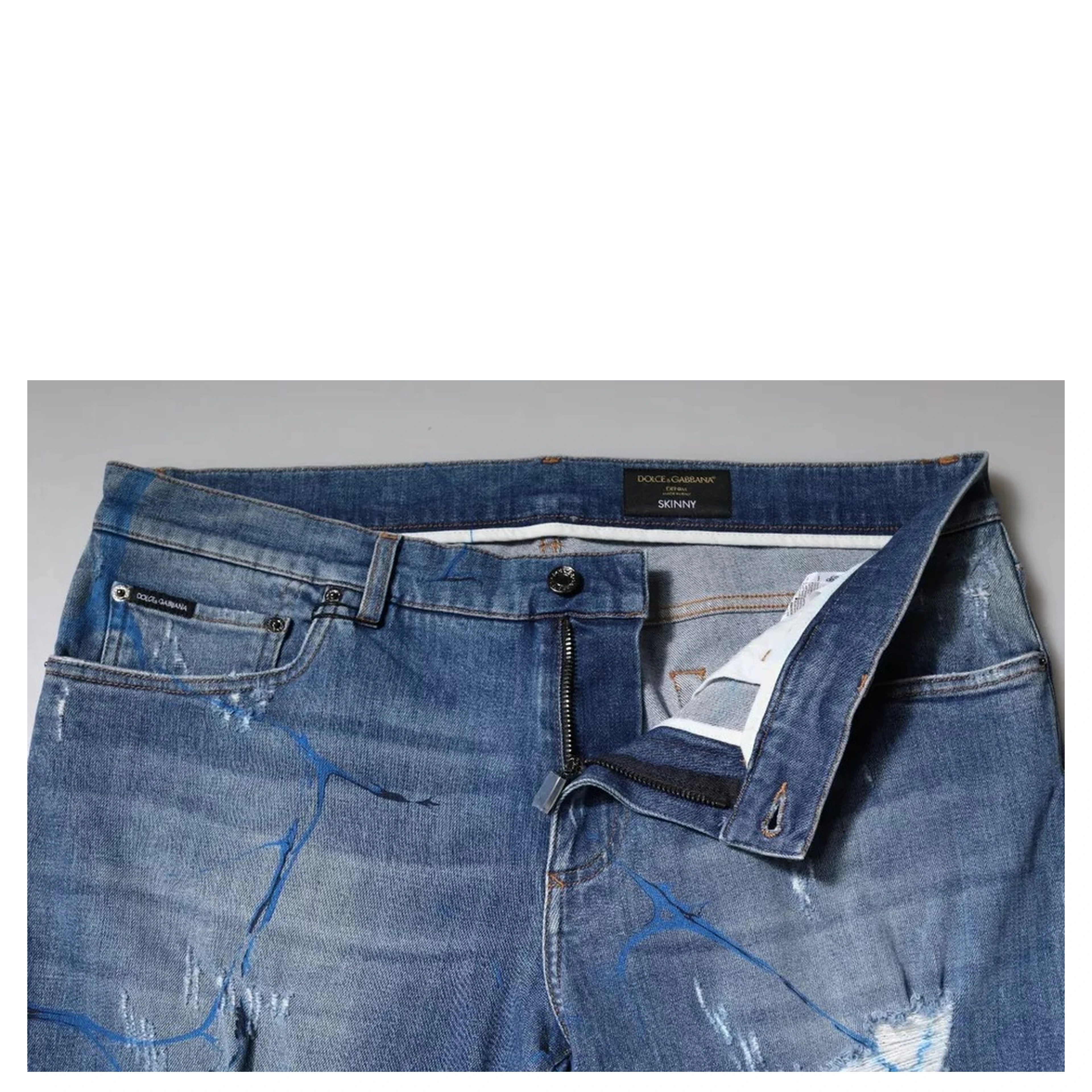 Blue Cotton Stretch Tattered Skinny Denim Jeans