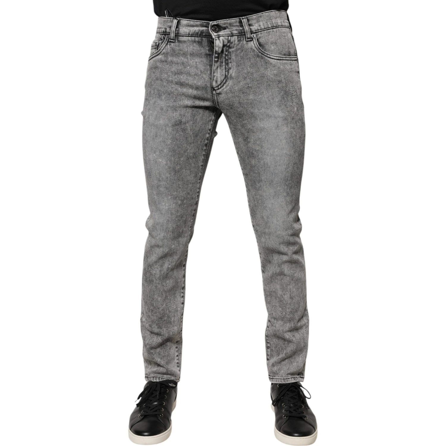Gray Logo Plaque Cotton Slim Fit Denim Jeans