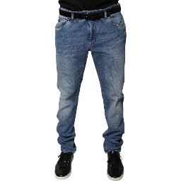Light Blue Cotton Men Skinny Denim Jeans