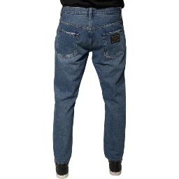 Blue Cotton Logo Men Loose Denim Jeans