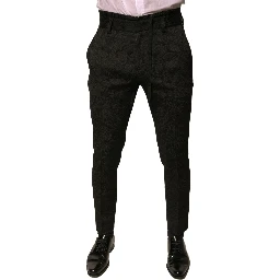 Black Brocade Polyester Skinny Men Dress Pants