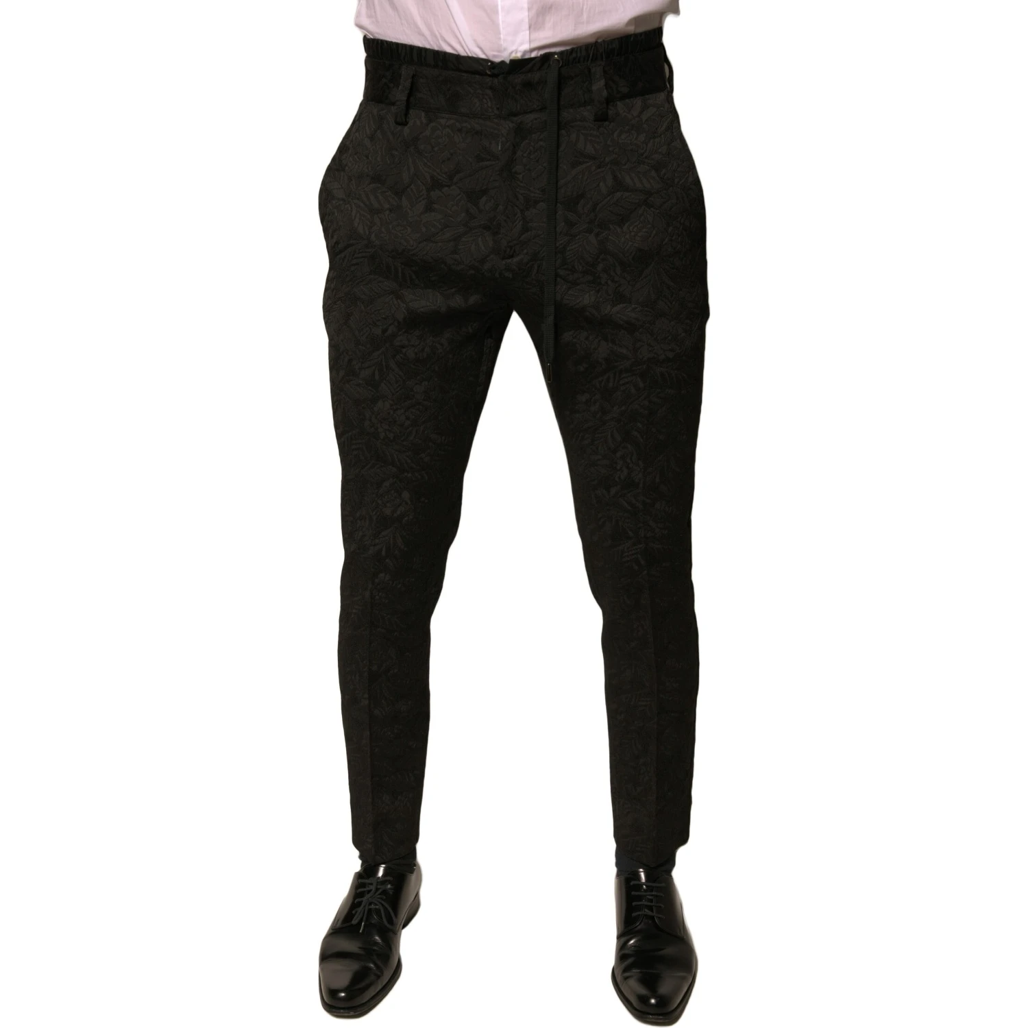 Black Brocade Polyester Skinny Men Dress Pants