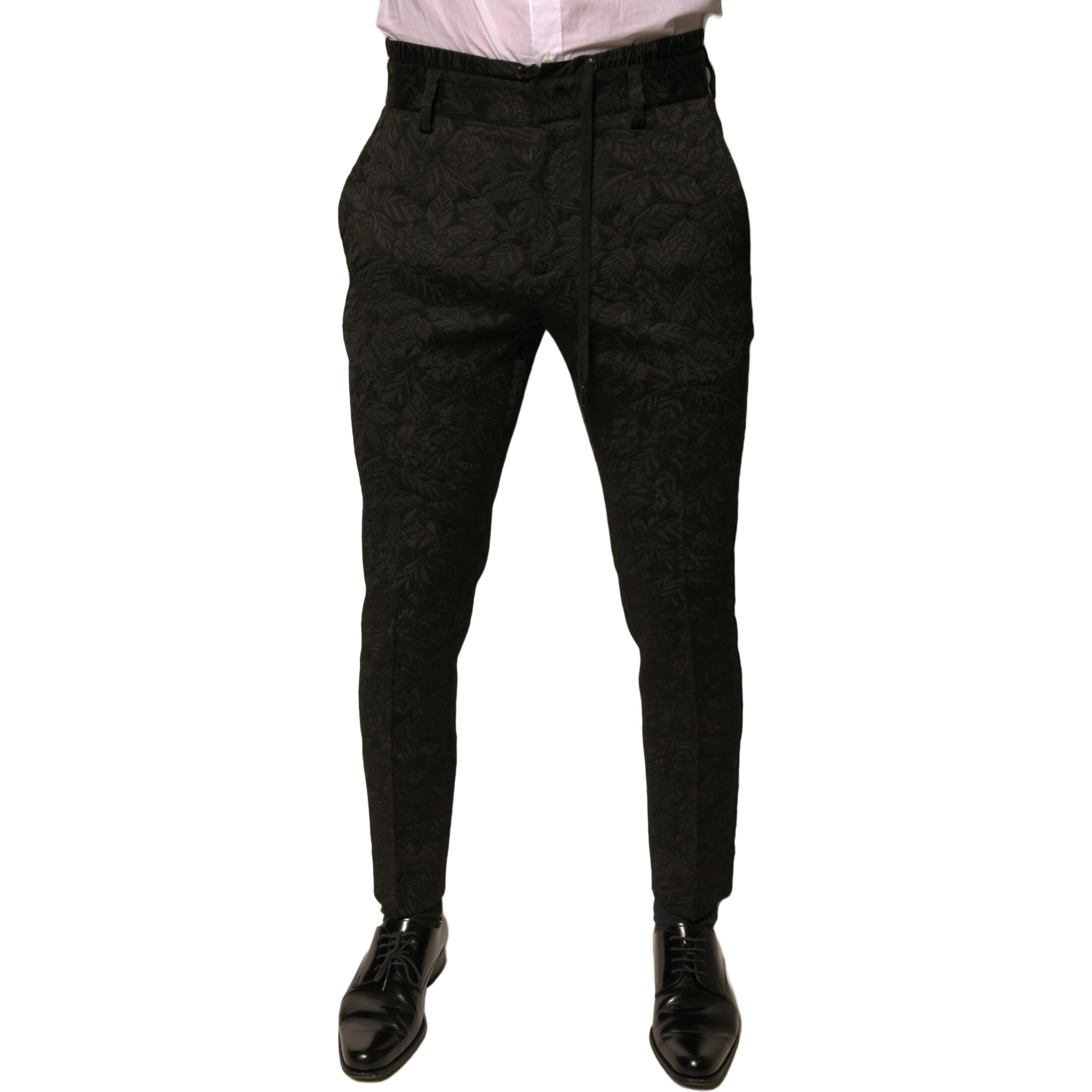 Black Brocade Polyester Skinny Men Dress Pants