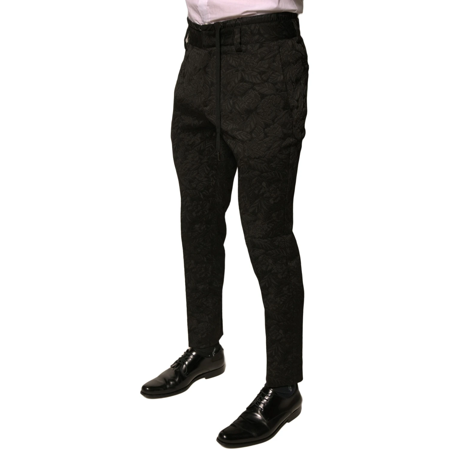 Black Brocade Polyester Skinny Men Dress Pants