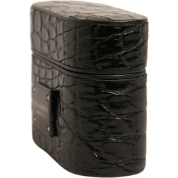 Black Leather Metal Logo Plaque Holder Airpods Case