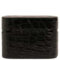 Black Leather Metal Logo Plaque Holder Airpods Case