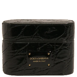 Black Leather Metal Logo Plaque Holder Airpods Case