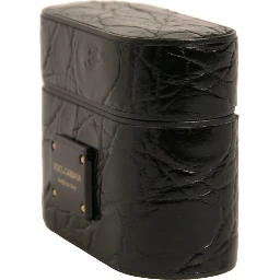 Black Leather Metal Logo Plaque Holder Airpods Case