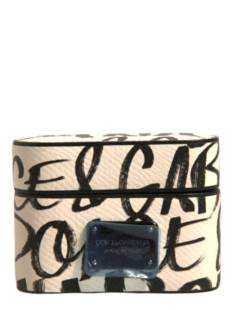Black White Leather Scribble Embossed Logo Airpods Case