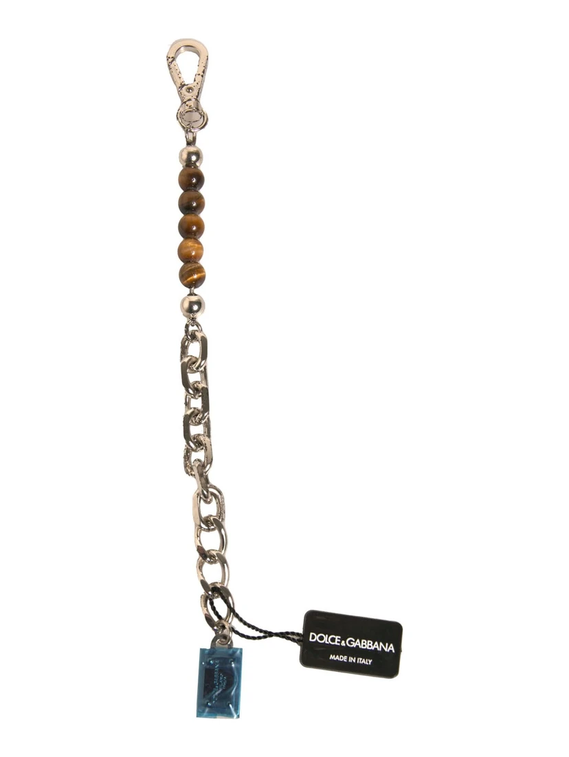 Silver Brass Chain Beaded Logo Plaque Keychain Keyring