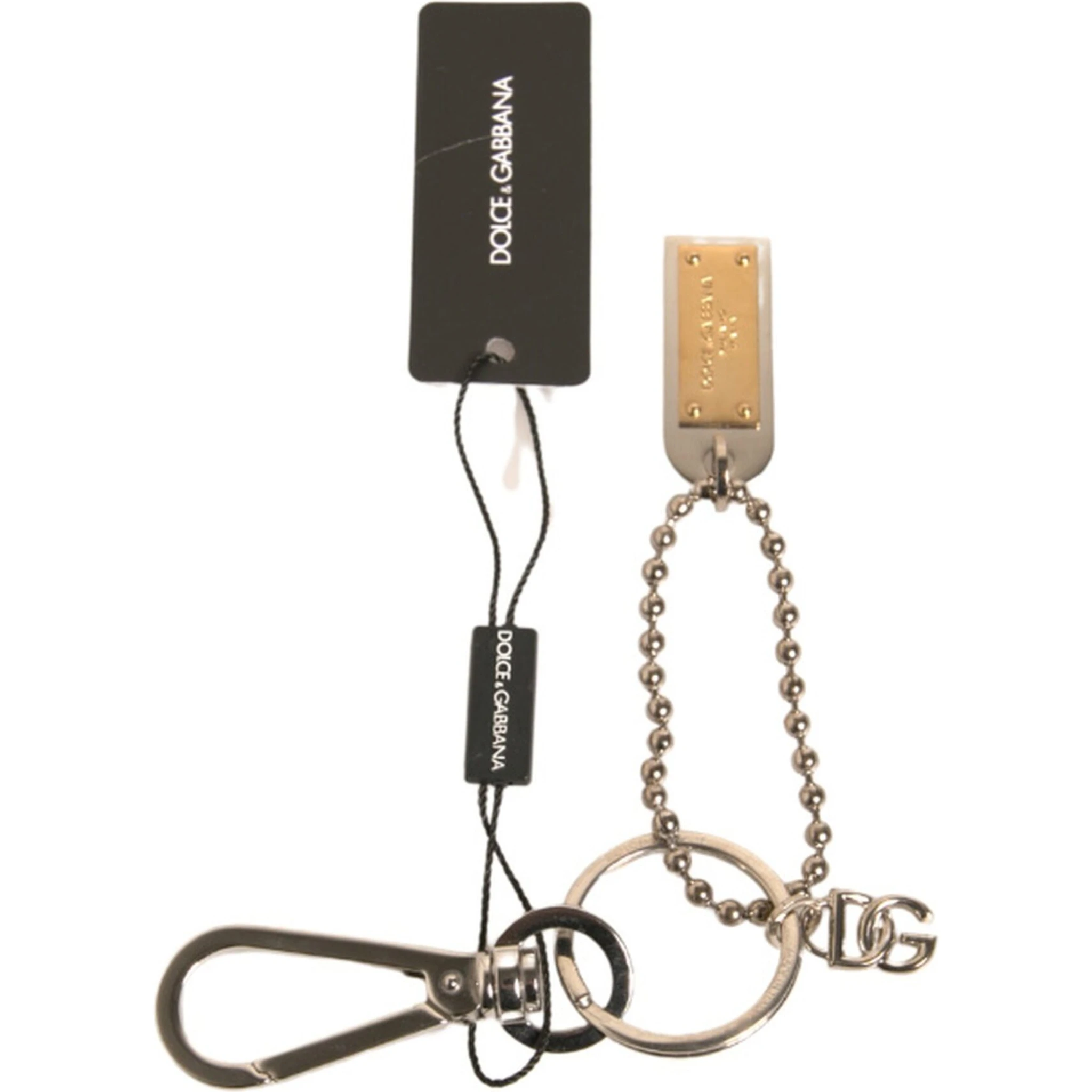 Silver Brass Chain Beaded Logo Plaque Keychain Keyring