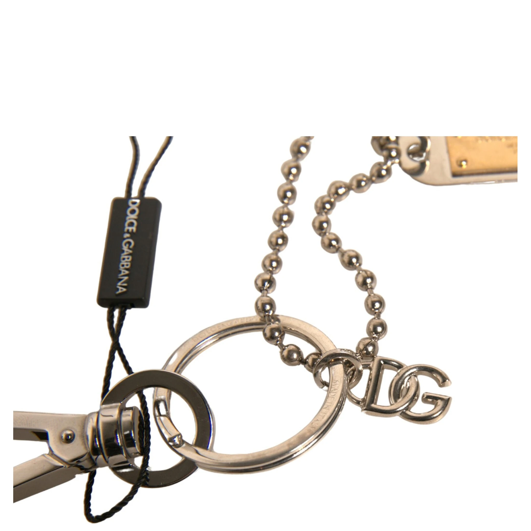 Silver Brass Chain Beaded Logo Plaque Keychain Keyring