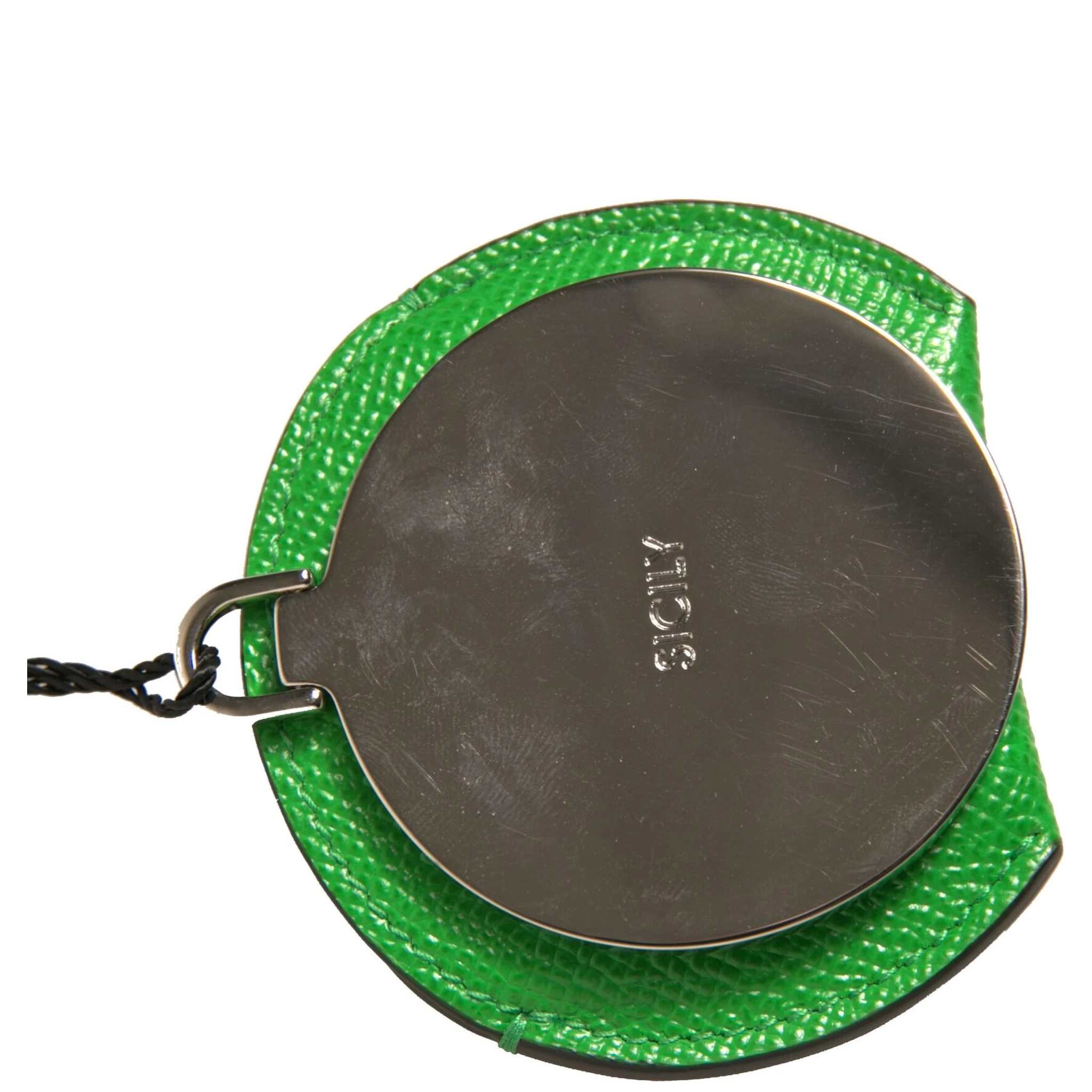 Green Calfskin Leather Round Logo Hand Mirror Holder