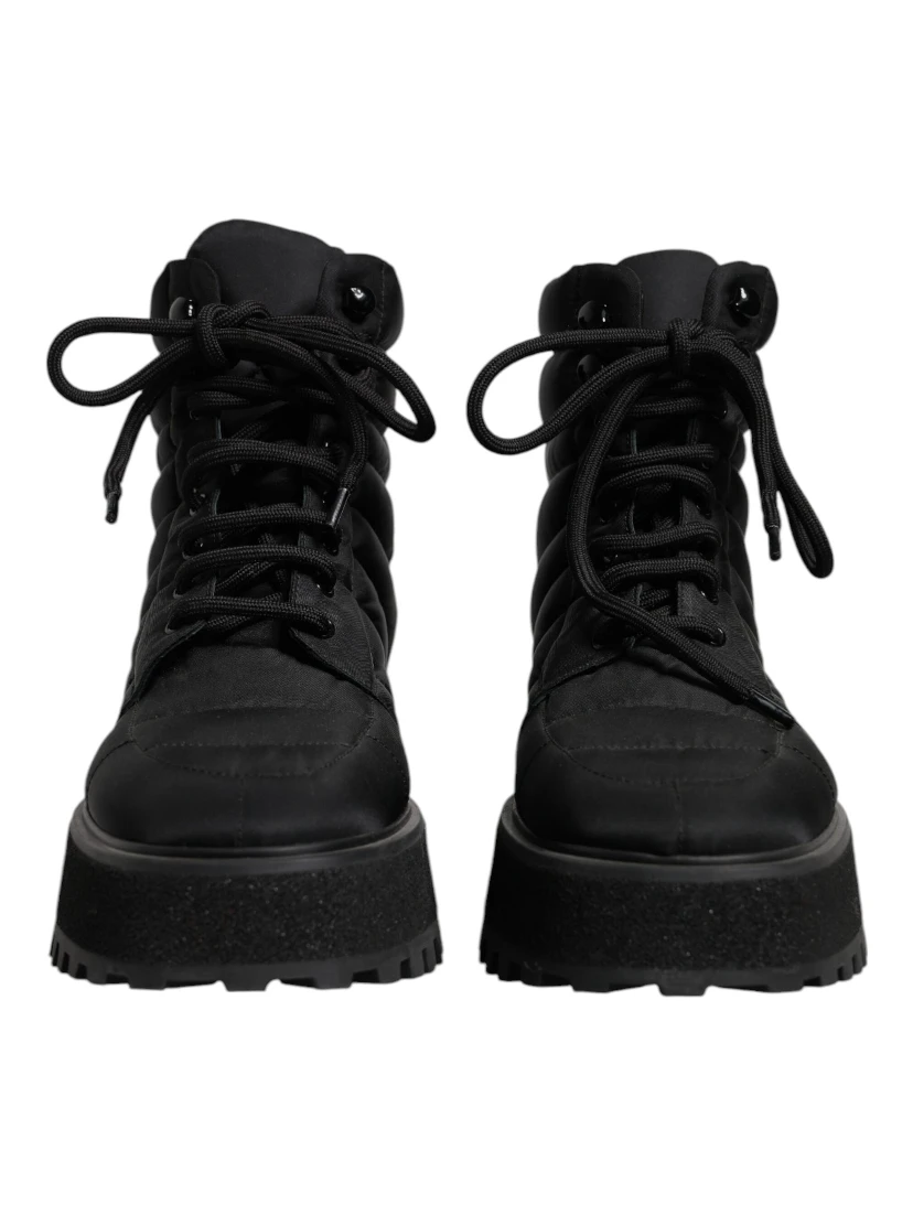 Black Padded Mid Calf Lace Up Boots Shoes