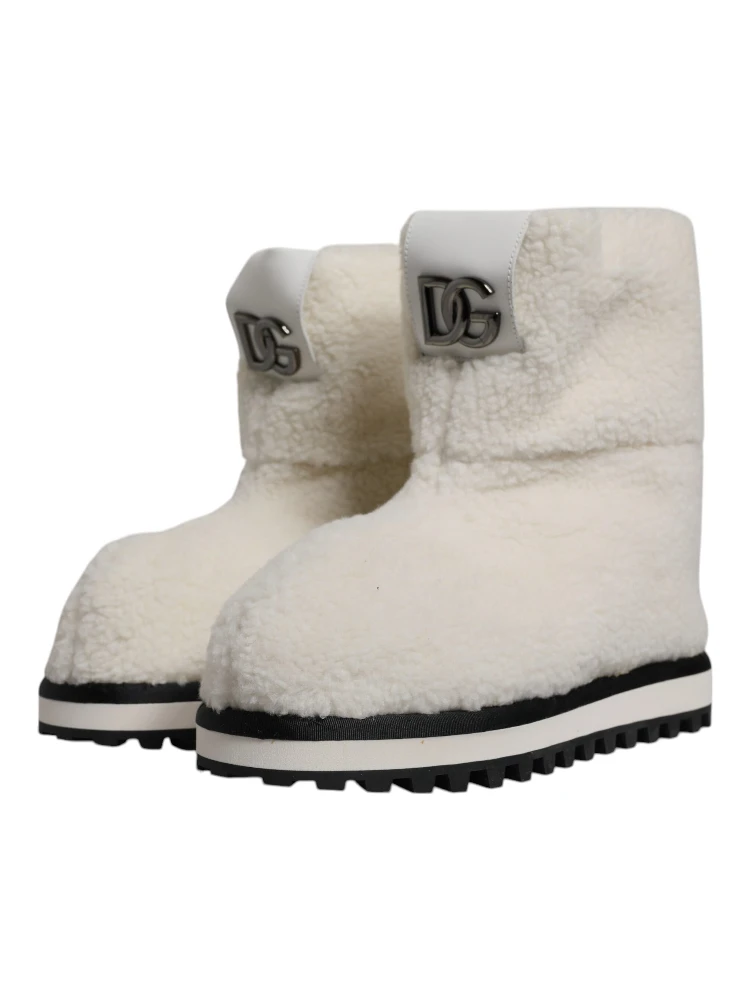 White Plush Logo Padded Mid Calf Boots Shoes