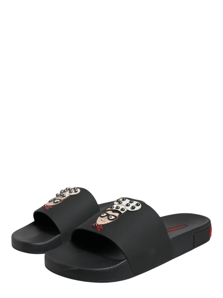 Black Leather Slides Sandals Beachwear Shoes
