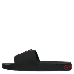 Black Leather Slides Sandals Beachwear Shoes