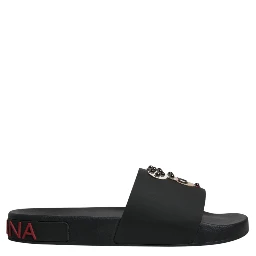 Black Leather Slides Sandals Beachwear Shoes