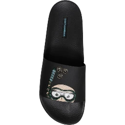 Black Divers Leather Flats Slides Sandals Beachwear Shoes